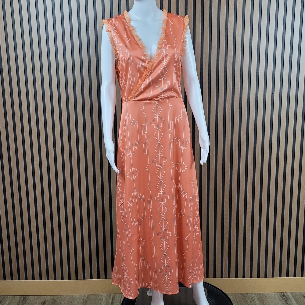 Sky-Eagle Collection Maxi Dress Tribal Geometric Orange Lace Trim Satin New L
